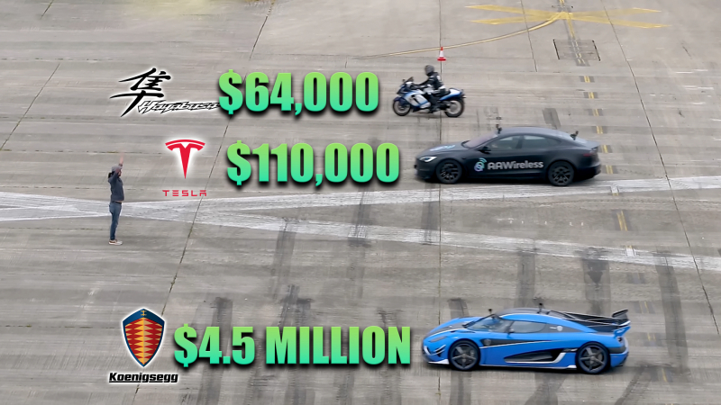 Зверски драг: Koenigsegg премери сили с Tesla и хипербайк Suzuki ВИДЕО