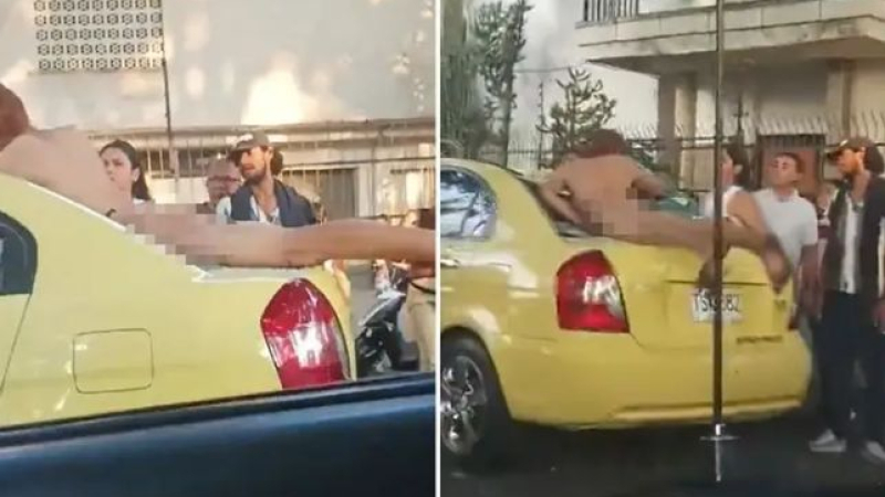 Всички са в ступор: Чисто гол мъж падна от дърво върху такси на оживена улица ВИДЕО 18+