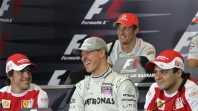 Шумахер се шегува с Алонсо, Хамилтън и Бътън преди старта