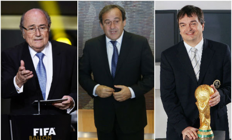Сеп Блатер (вляво), Мишел Платини (по средата) и Жером Шампан най-вероятно ще си оспорват президентския пост във ФИФА през 2015 година