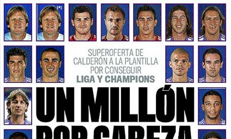 Страницата на в."Марка" със снимки на играчите на Реал и заглавие "Един милион на глава", заради двойната си премия Бернд Шустер е с две снимки