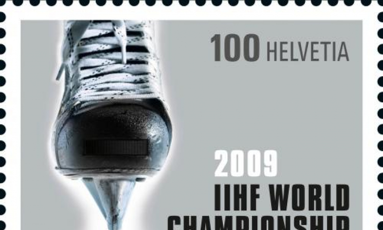 Пощенската марка пусната от швейцарското правителство по случай световното първенство по хокей на лед