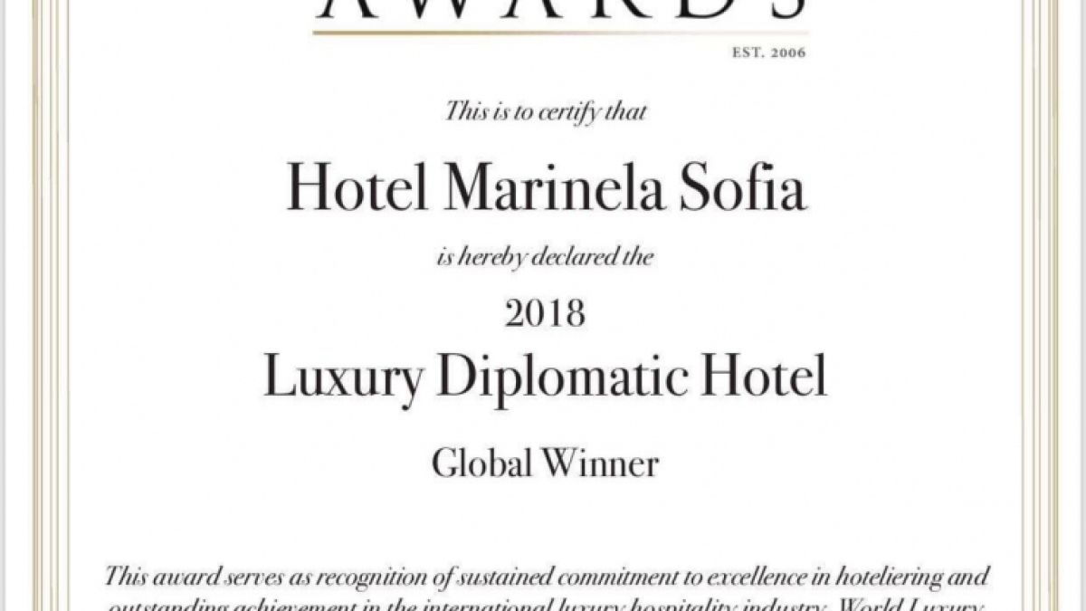 Хотел Marinela Sofia за пореден път с престижно отличие от световната организация World Luxury Hotel