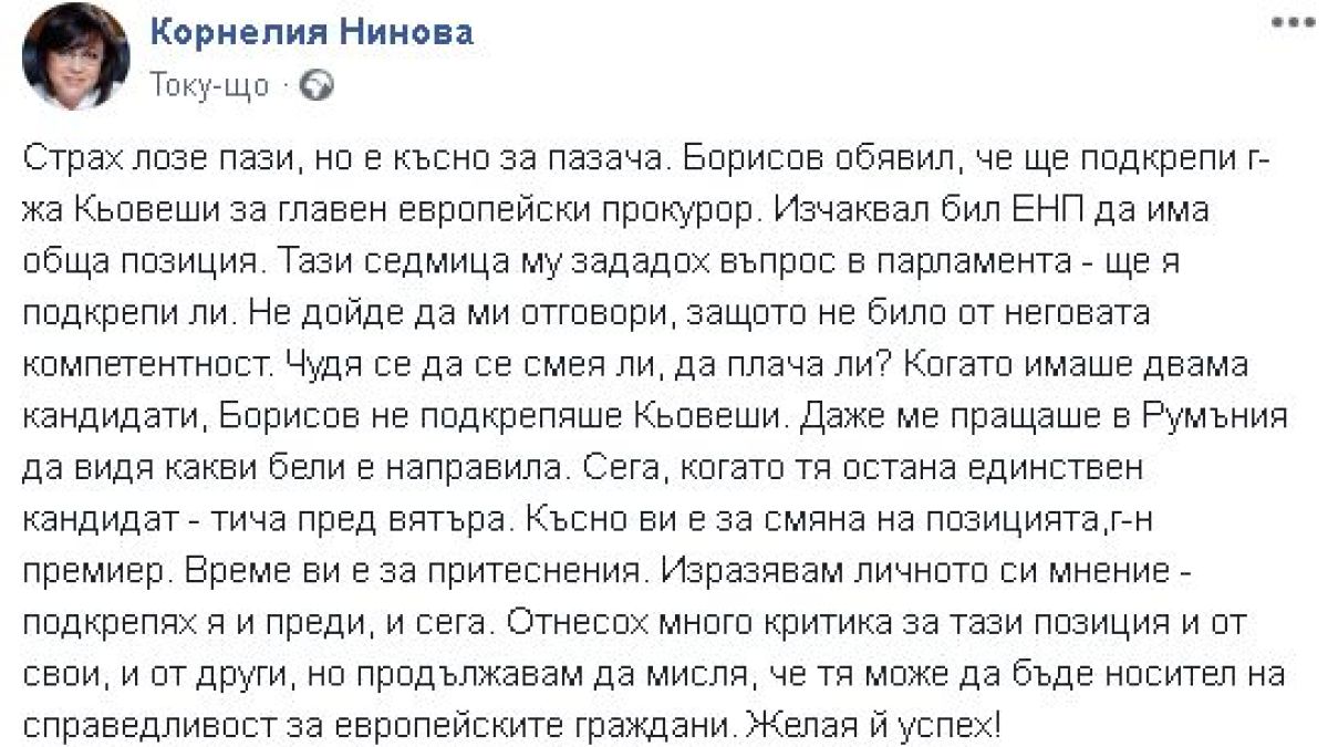 Нинова към Борисов: Да се смея ли, да плача ли? 