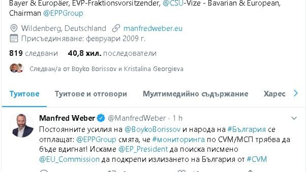 Манфред Вебер прекрасни думи за Бойко Борисов и народа на България