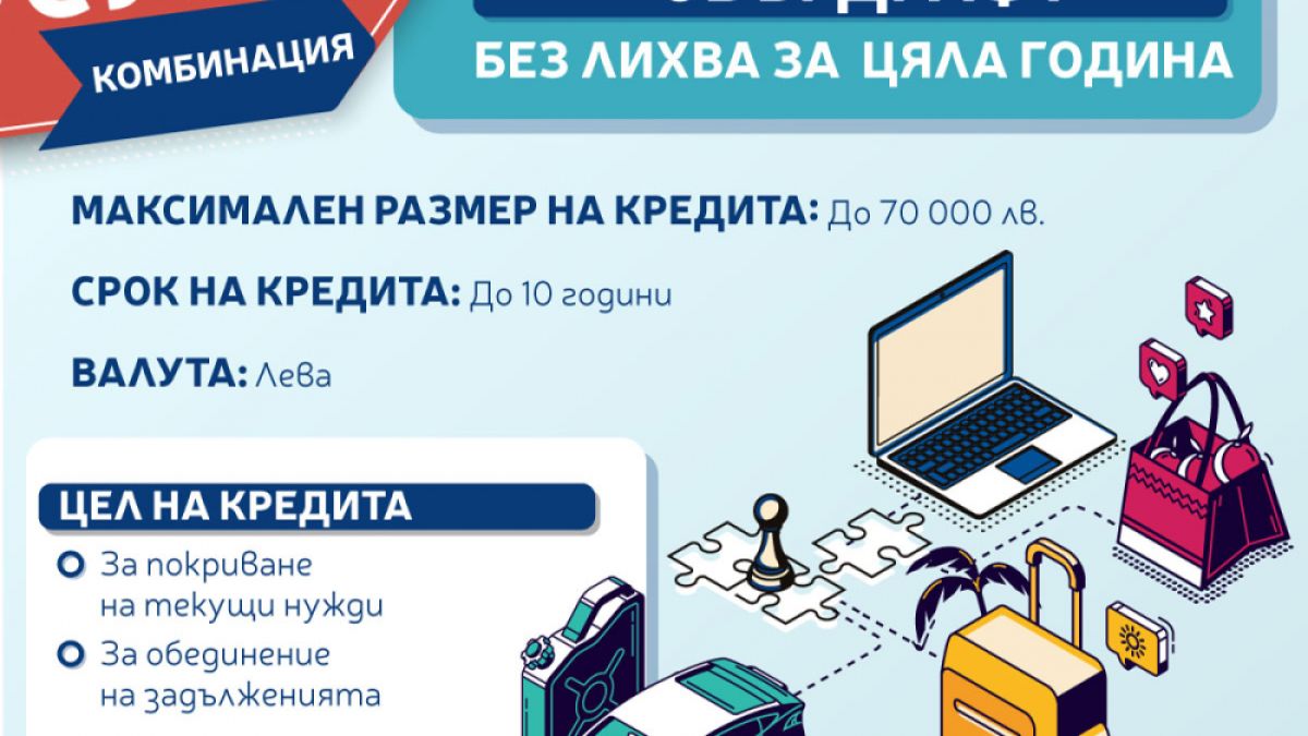 Пощенска банка предлага потребителски кредит с възможност за овърдрафт без лихва за първата година