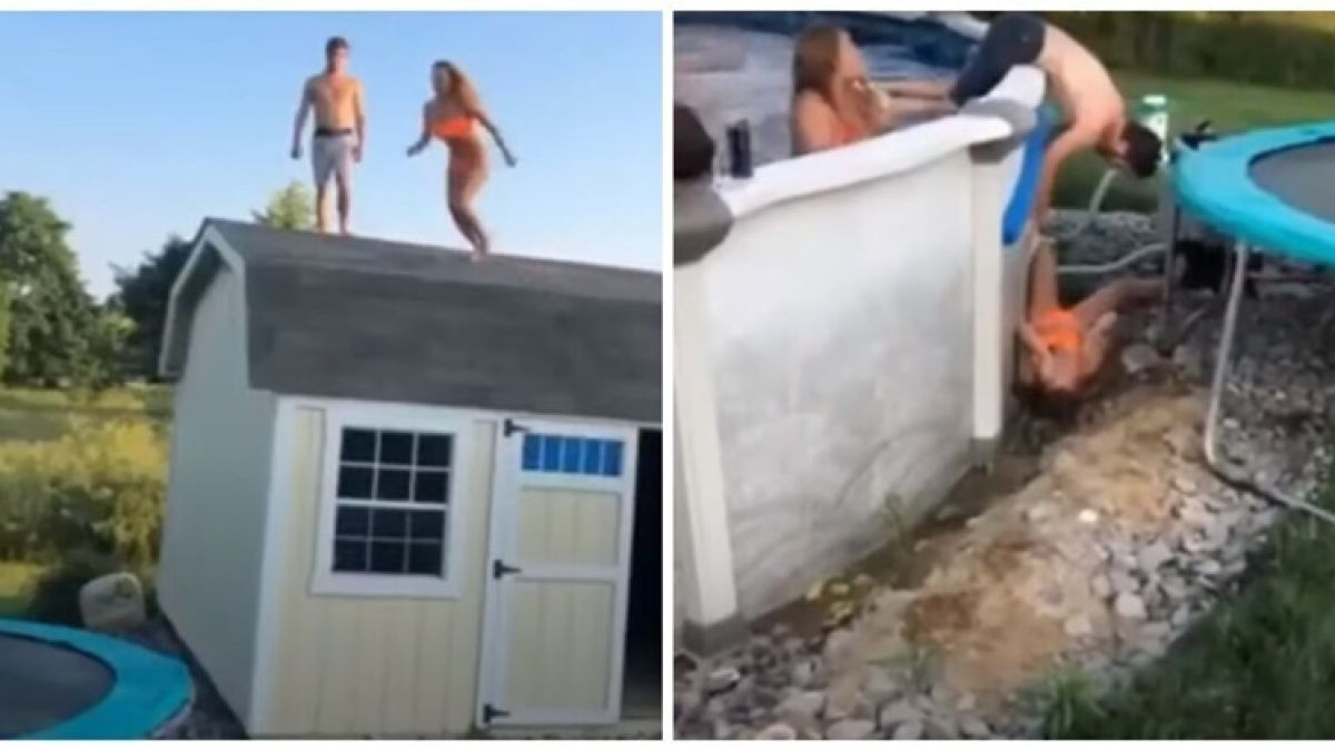 Момиче скочи в басейна през батут, но много скоро... ВИДЕО