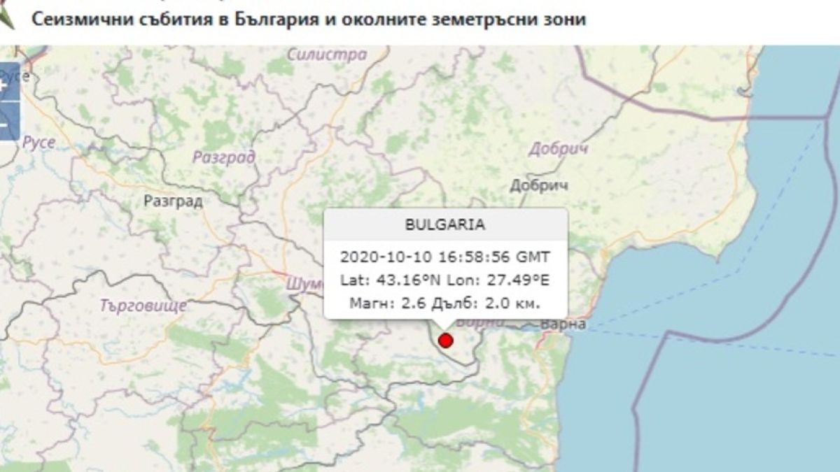 Земетресение край Варна КАРТА