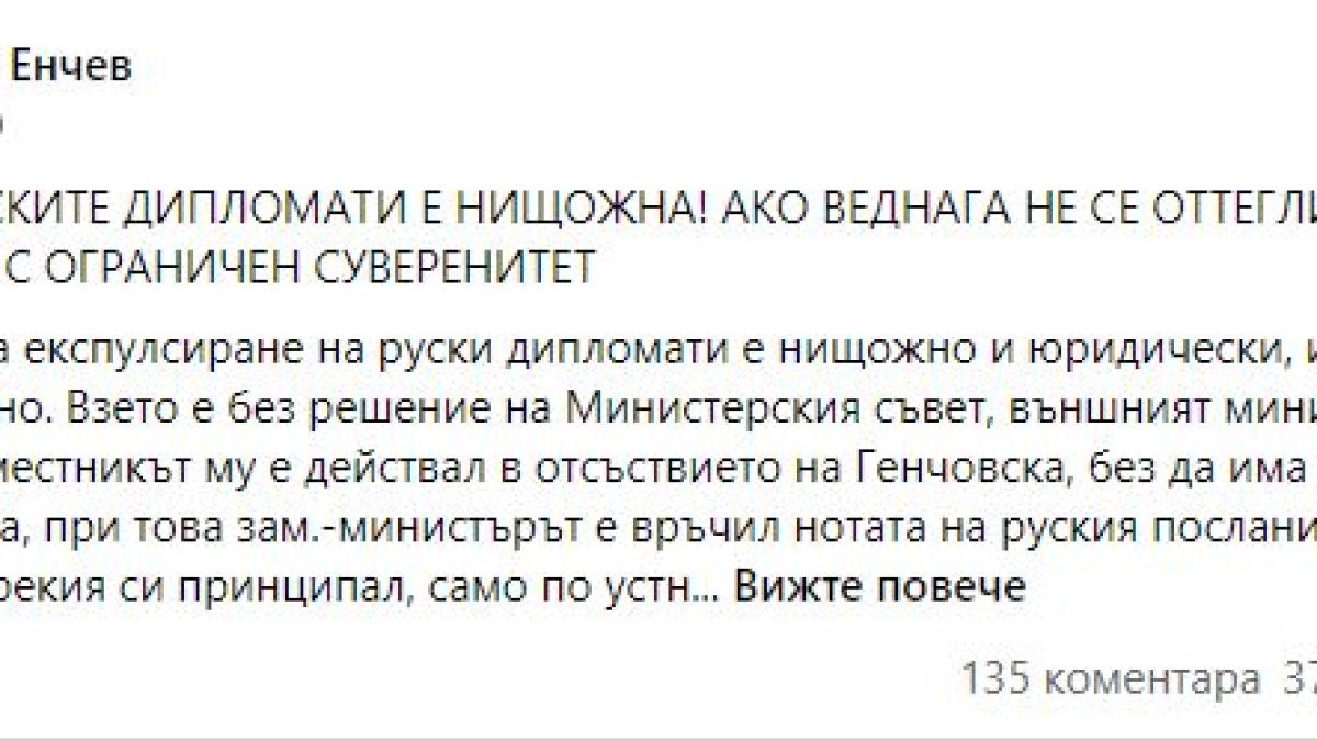 Велизар Енчев: Решението за руските дипломати е нищожно, трябва да се оттегли