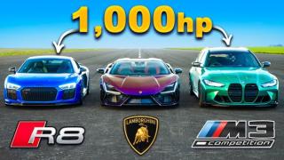 Lamborghini Revuelto срещу BMW M3 и Audi R8 в зрелищна гонка с общо 3000 к.с. ВИДЕО
