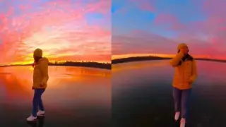 Изумително красив залез над замръзнало езеро е заснет на ВИДЕО
