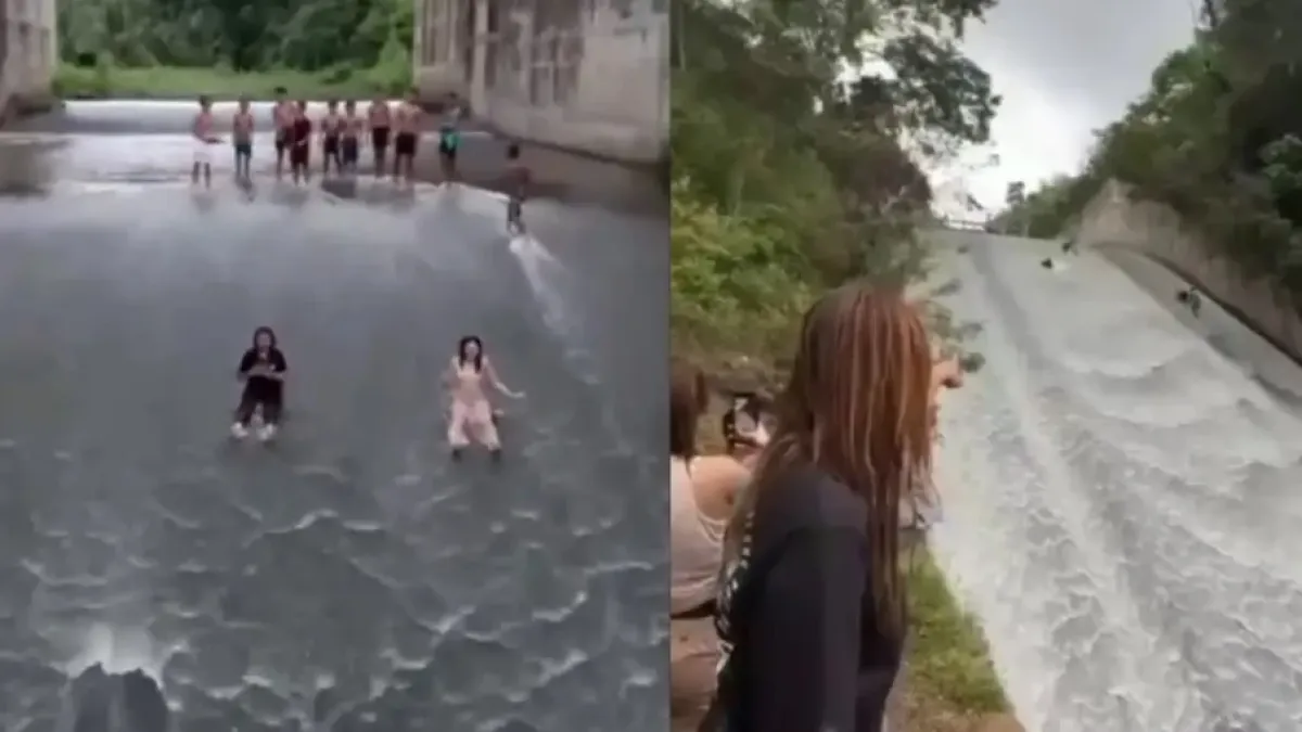 Вижте как жители използват преливника на язовир като водна пързалка Видео