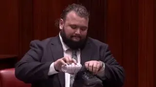 Скандал в парламента: Депутат пи бира от обувката си Видео