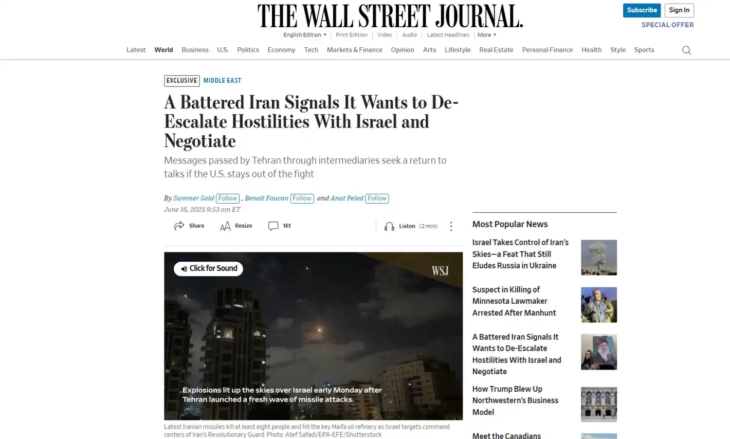 WSJ: Иран „спешно“ иска да сложи край на конфликта, готов е за преговори