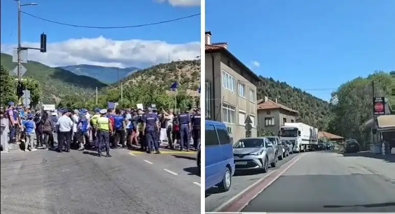 Протест и блокада на Е-79 при Кресна, колоната от автомобили е километрична Видео