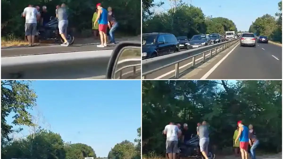 Страшно задръстване на пътя Бургас-Созопол, мъже са се скупчили край... Видео