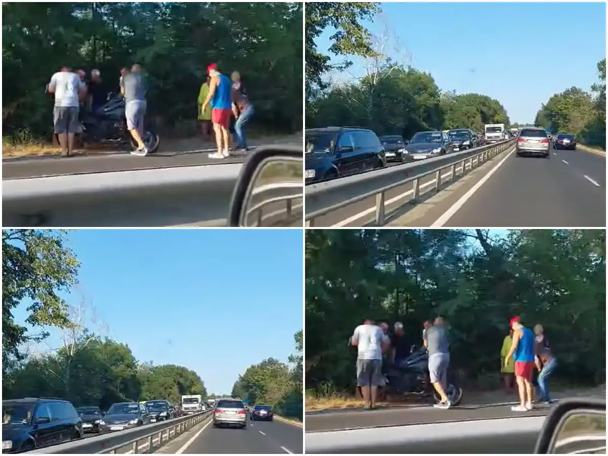 Страшно задръстване на пътя Бургас-Созопол, мъже са се скупчили край... Видео