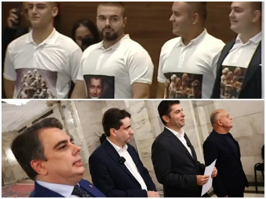 Шоу в парламента! Начетени младежи сринаха ПП-ДБ - показаха Асен Василев по пеньоар и Петков захапал... Снимки