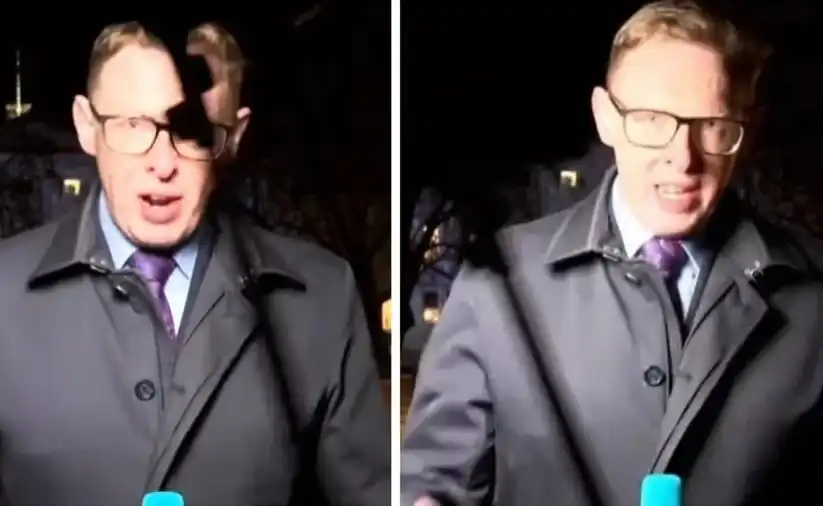 Видео запечата как журналист хвана падащо оборудване в предаване на живо