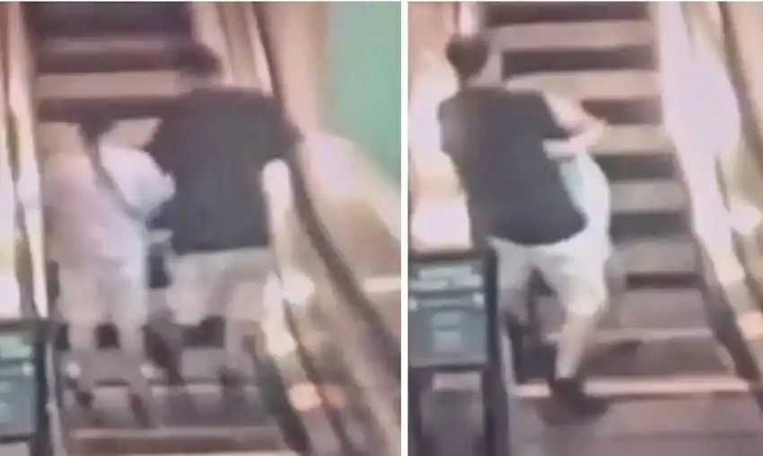 Видео запечата куриозен момент с двойка на ескалатор