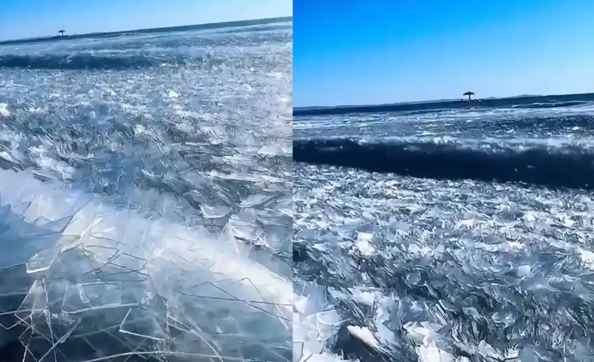 Невероятно красиво: Ледени вълни се появиха в езеро Видео
