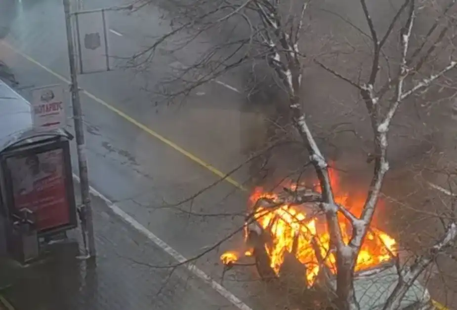 Кола пламна като факла на метри от спирка във Варна Видео