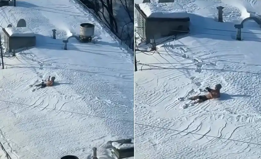 Мъж си спретна снежно спа на покрива на пететажна сграда