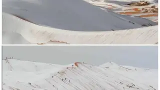 Спускане с шейни в Сахара: Сняг покри пустинята