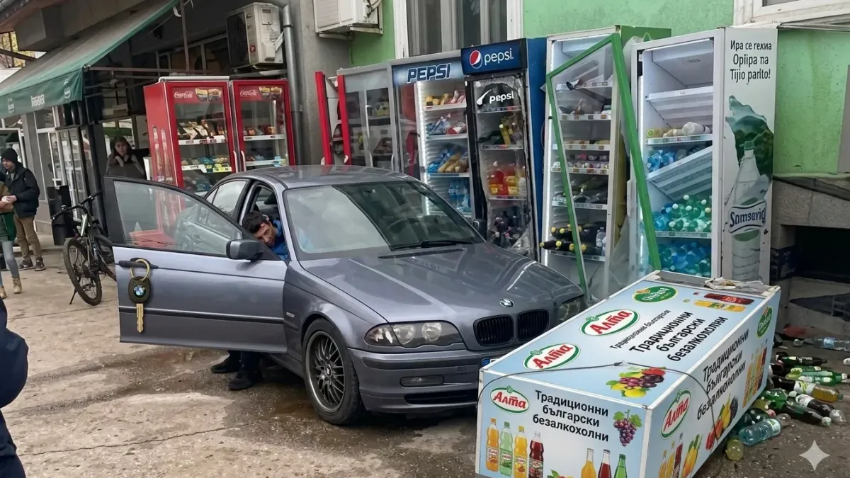 Секунди от трагедия: БМВ се вряза в хладилни витрини на тротоар в Габрово