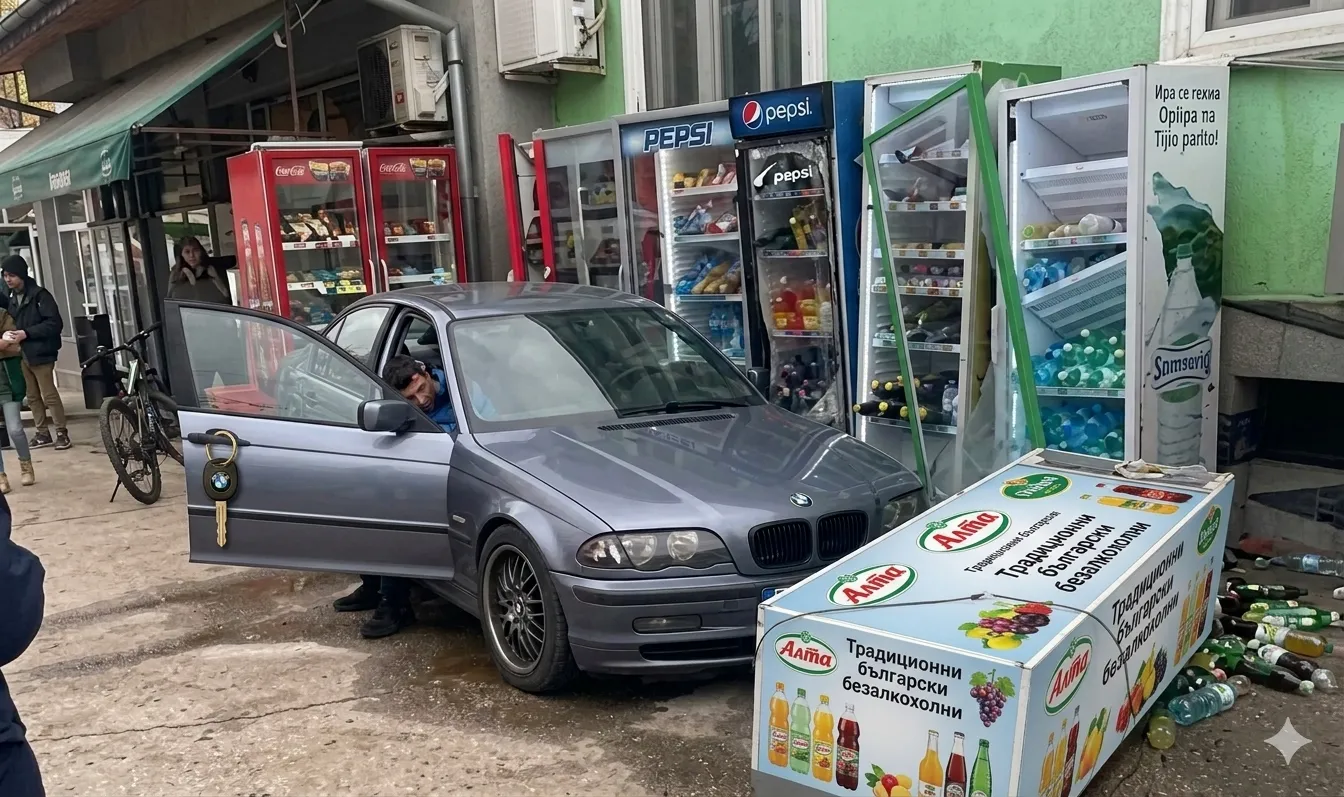 Секунди от трагедия: БМВ се вряза в хладилни витрини на тротоар в Габрово