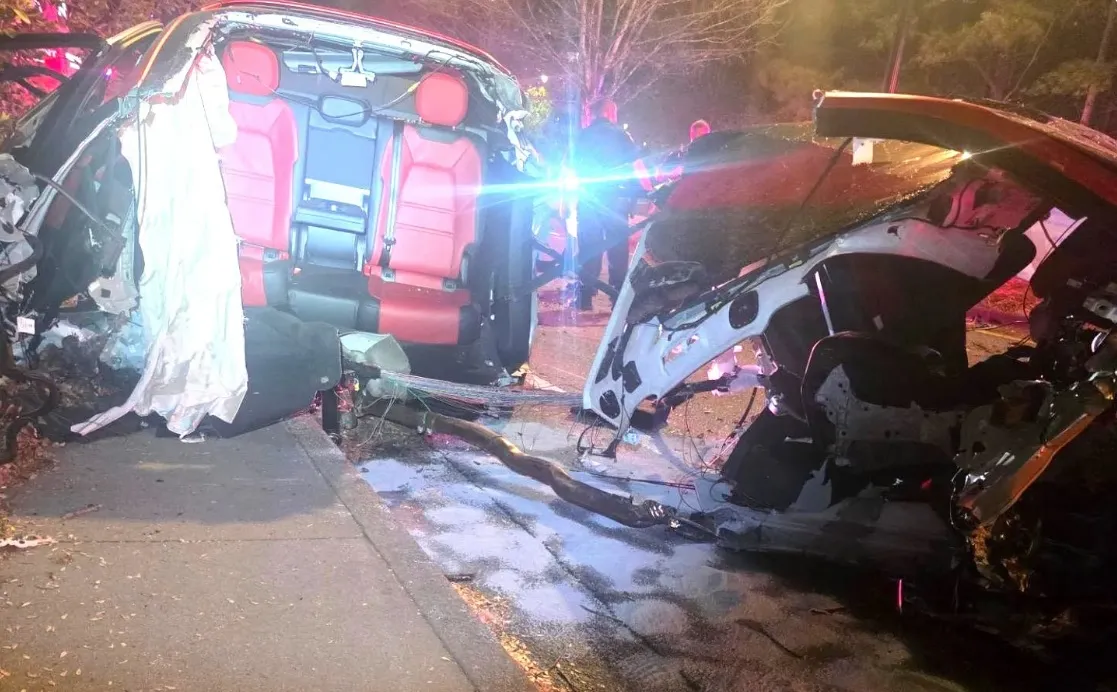 Porsche бе разполовено на две след сблъсък с дърво