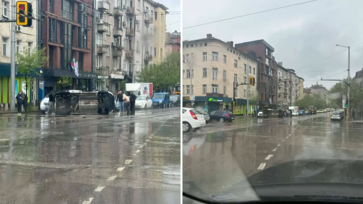 Катастрофа с преобърнала се линейка блокира ключово кръстовище в София