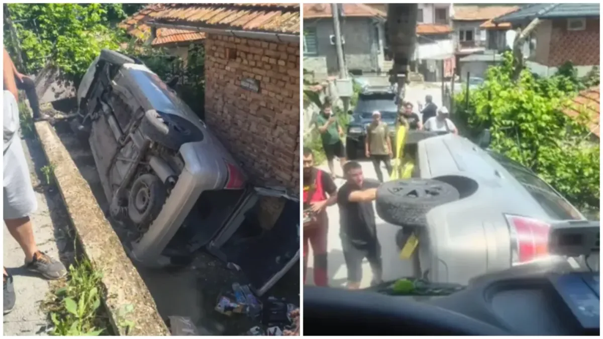 Заради стръмното: Кола се търкулна по улица и падна между къщи във Велико Търново