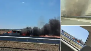 Пожар на АМ "Тракия": Кола изгоря на пътя край Ямбол, има километрична тапа, пламъците застигнаха сухи треви