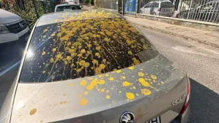 Заляха с жълта течност колата на жена, паркирала на тротоар в София Снимки