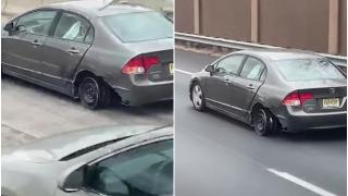Какво става? Колата лети без гума с 90, а на шофьорката не ѝ пука ВИДЕО