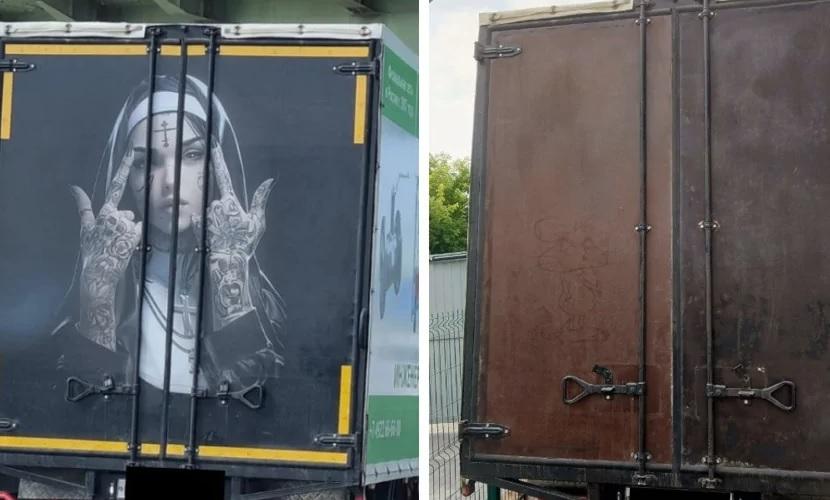 Накараха шофьор да замаже рисунката на монахиня върху камиона си Снимки