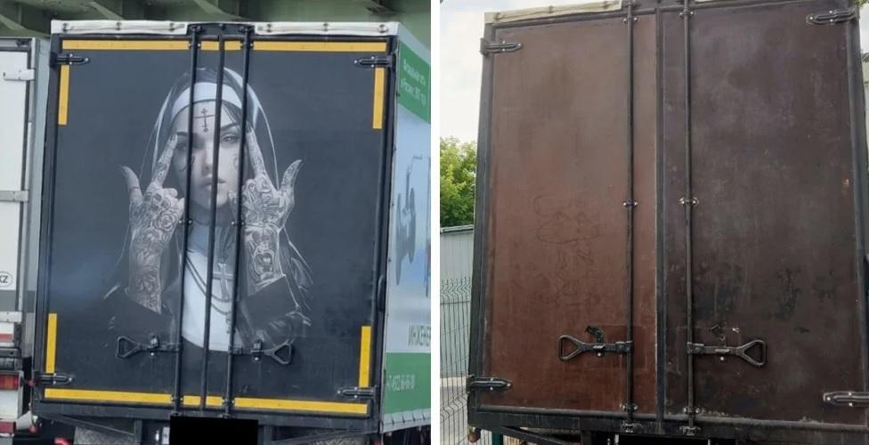 Накараха шофьор да замаже рисунката на монахиня върху камиона си Снимки