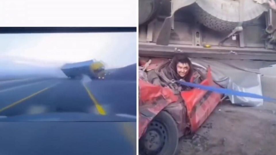 Подборка от зрелищни кадри: Тежък камион се преобърна и падна върху автомобил