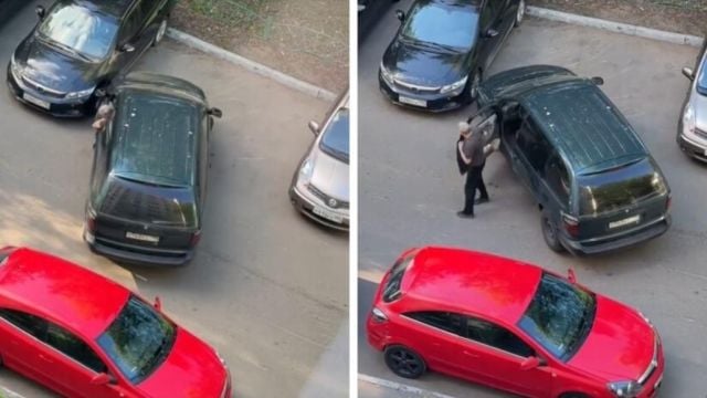 Подборка от зрелищни кадри: Мъж се опитва да напусне паркинг в продължение на няколко минути